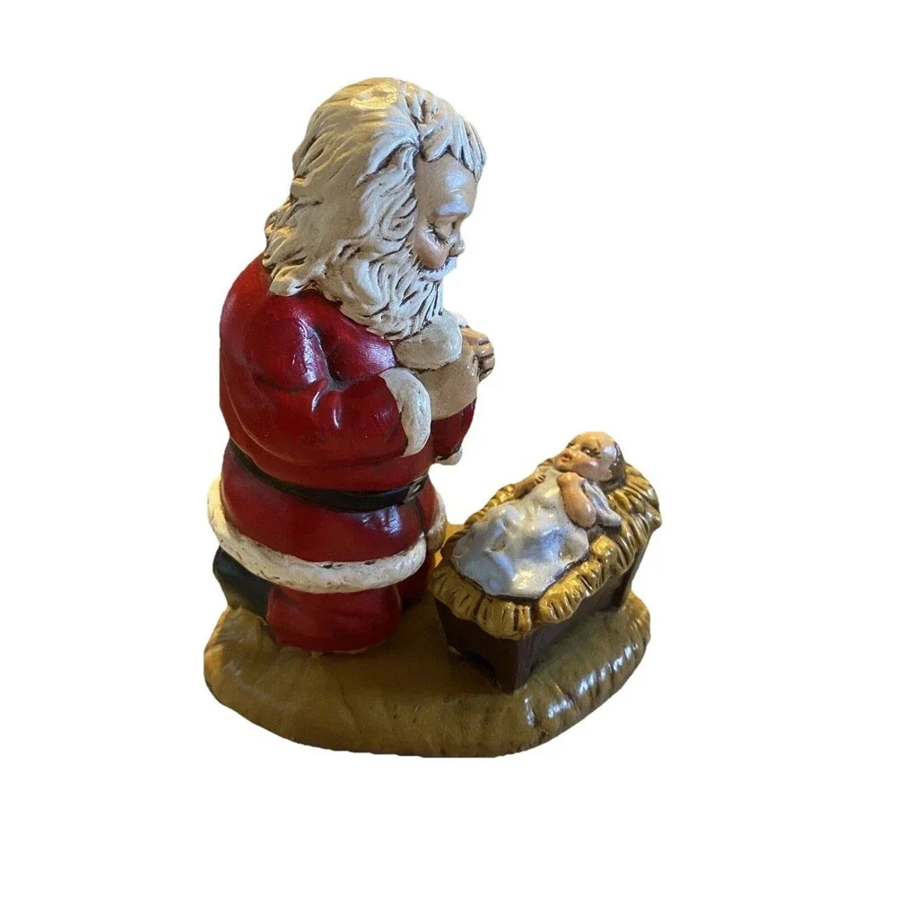 VTG 1984 Provincial Ceramic Mold Santa Claus Kneeling Over Baby Jesus Figurine